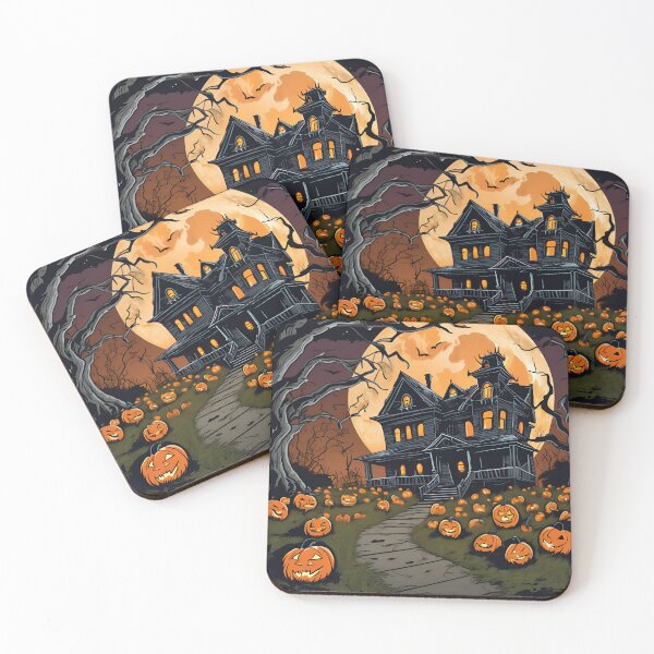 Item preview, Spooky haunted house with glowing jack-o'-lanterns in the yard designed and sold by Chashley.