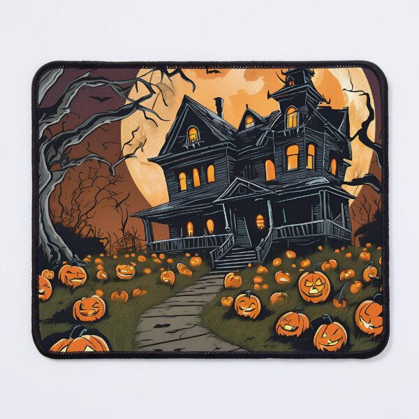 Item preview, Spooky haunted house with glowing jack-o'-lanterns in the yard designed and sold by Chashley.