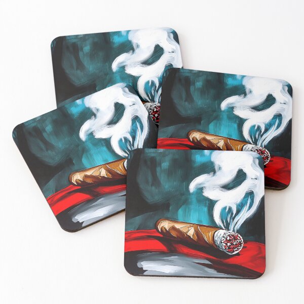 Item preview, Abstract Cigar with Intricate Swirling Smoke Against Dramatic Backdrop of Deep Blues and Vibrant Reds AI Generated Art designed and sold by OlfactoART Studio.