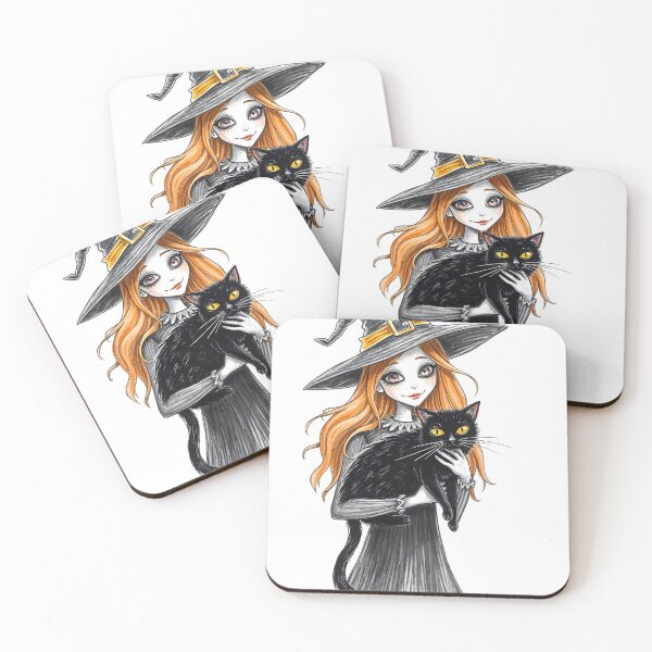 Item preview, Halloween Redhead Witch With Black Cat Illustration designed and sold by JoyPhotoArt.