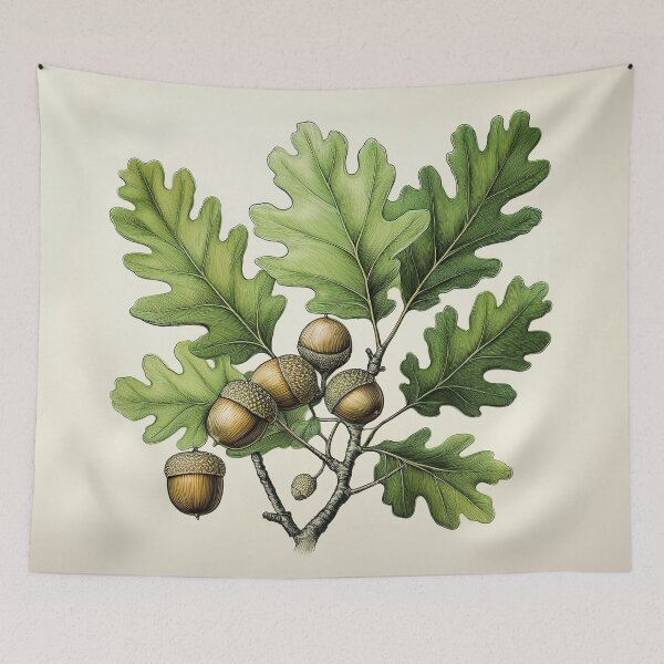Item preview, an oak branch adorned Design with vibrant green leaves and mature acorns. designed and sold by HEMRO.