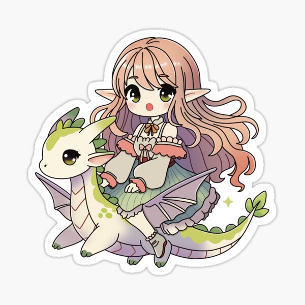 Cute Anime Elf Girl Riding a Dragon Sticker