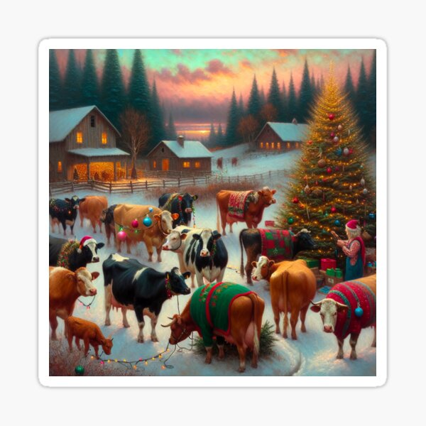 Item preview, Festive Holiday of Cows Decorating a Christmas Tree Scene designed and sold by mustardseed-410.