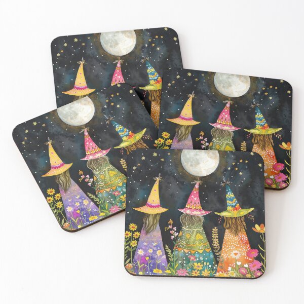Item preview, Whimsical Witches with Flowers under Fullmoon Colorful Art Print designed and sold by GulDesignCo.