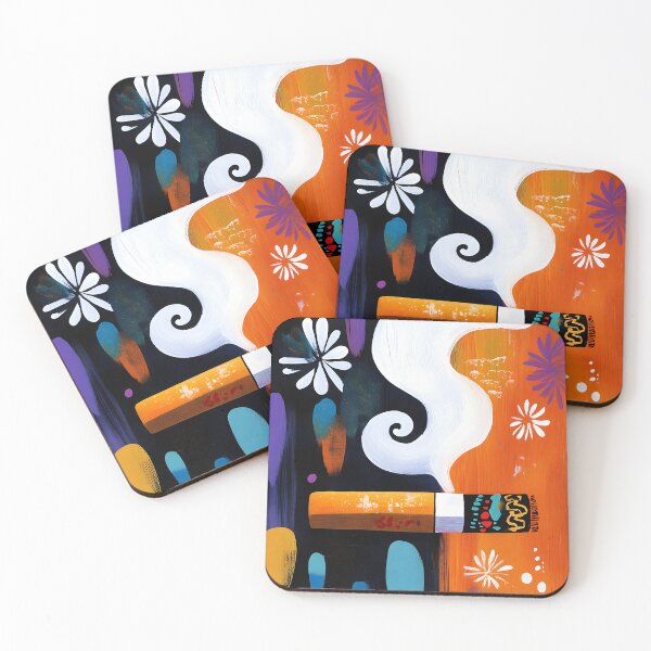 Item preview, Stylized Cigar with Whimsical Smoke and Playful Shapes on Vibrant Orange and Purple Background Abstract Art designed and sold by OlfactoART Studio.