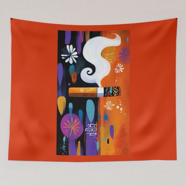 Item preview, Stylized Cigar with Whimsical Smoke and Playful Shapes on Vibrant Orange and Purple Background Abstract Art designed and sold by OlfactoART Studio.