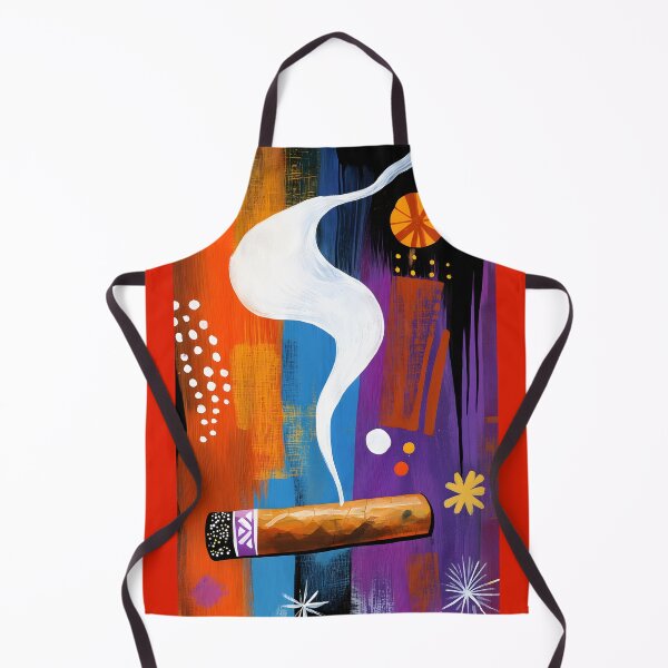Artikelvorschau, Brennende Zigarre mit wirbelndem weißen Rauch auf farbenfrohem abstrakten Hintergrund mit geometrischen Formen, digitale Kunst entworfen und verkauft von OlfactoART Studio.