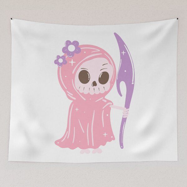 Item preview, A cute, pink Grim Reaper with a purple scythe and flowers. designed and sold by OnlyShoppMarket.