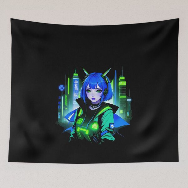Item preview, Girl Gamer Anime E-Girl and Retrofuturistic City - Blue Hair designed and sold by Beachy.