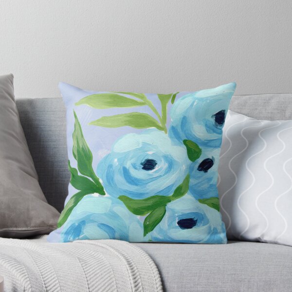 Item preview, Painterly Impressionistic Light Blue and Teal Roses and Wildflowers Painting designed and sold by JasmineGDesigns.
