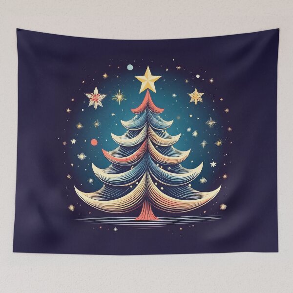 Aperçu de l'œuvre Un sapin de Noël décoré sur fond de ciel étoilé. créée et vendue par HEMRO.