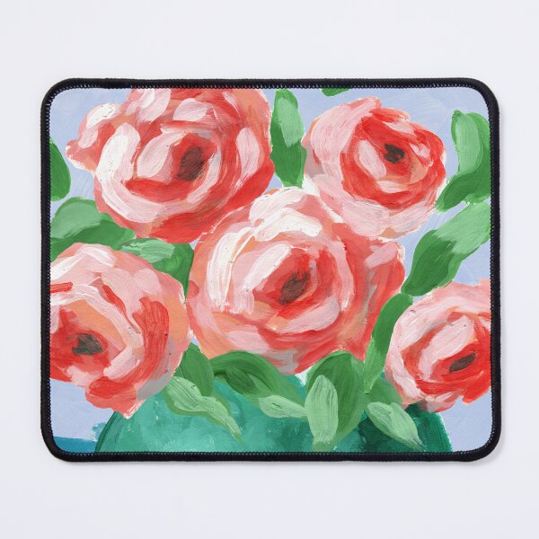 Item preview, Painterly Impressionistic Orange Red Roses in Teal Green Vase Painting designed and sold by JasmineGDesigns.