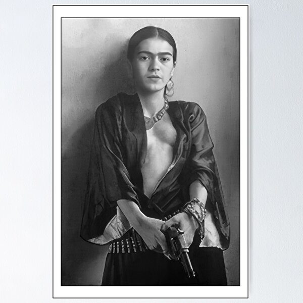 Item preview, Fine Art Black and White image of Frida holding gun, restored designed and sold by DesignsPrints.