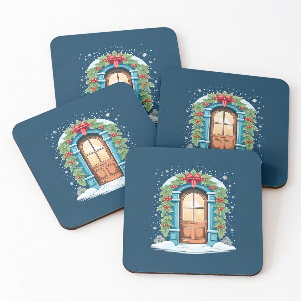 Item preview, A doorway decorated Design with a holly garland, with snow swirling around and a glowing sky above.  designed and sold by HEMRO.