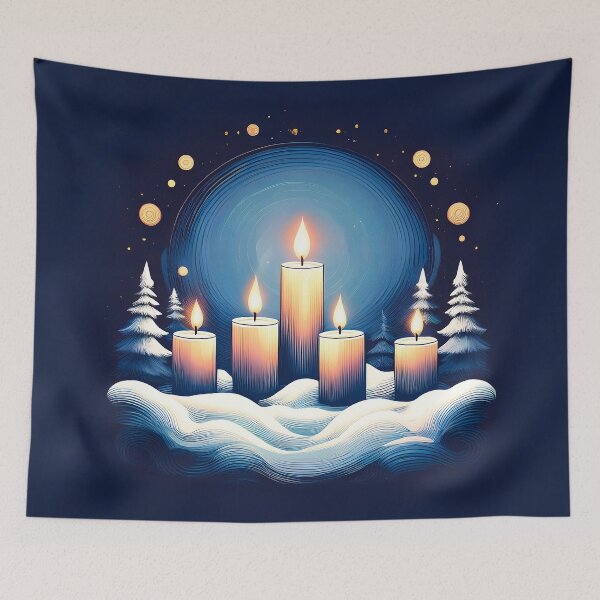 Item preview,  Glowing candles standing in the snow, casting light into a dark, swirling winter scene. designed and sold by HEMRO.