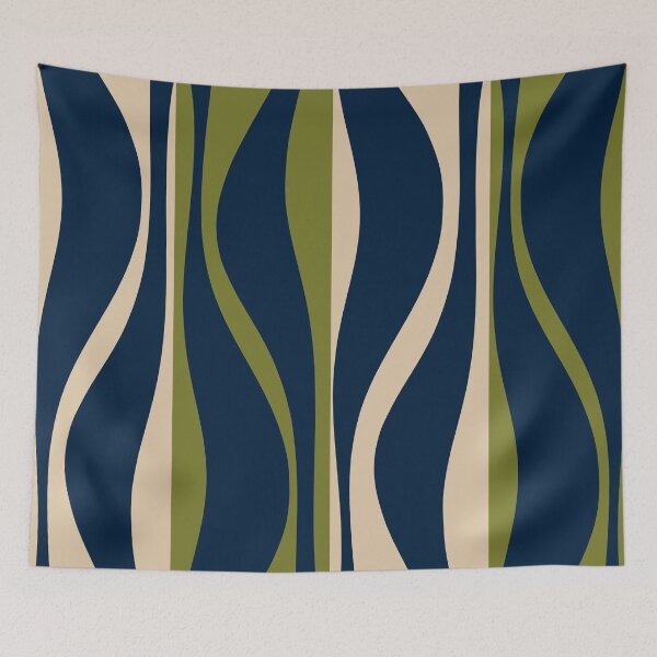Item preview, Mid Century Modern Striped Lounge Retro Ogee Pattern in Navy Blue Olive Green Beige designed and sold by kierkegaard.