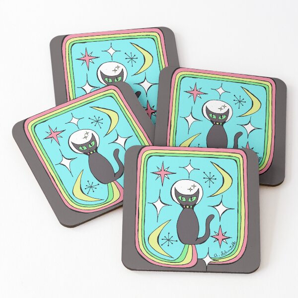 Item preview, Mid Century Modern Atomic Style Black Cat Outer Space Rainbow Original Art Illustration designed and sold by Intergalactic Unicorn: Art by Anna Schmidt.