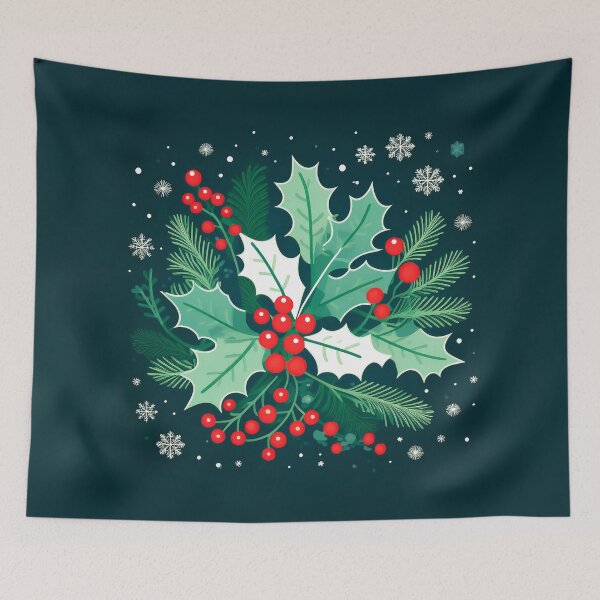 Item preview, a beautiful arrangement of holly and mistletoe against a dark background adorned with swirling snowflakes and twinkling stars. designed and sold by HEMRO.