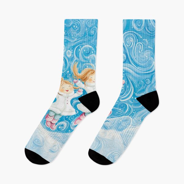 Item preview,  three little girls wearing white winter coats and pink boots, flying through the air in an ice rink surrounded by swirling blue patterns.  designed and sold by HEMRO.