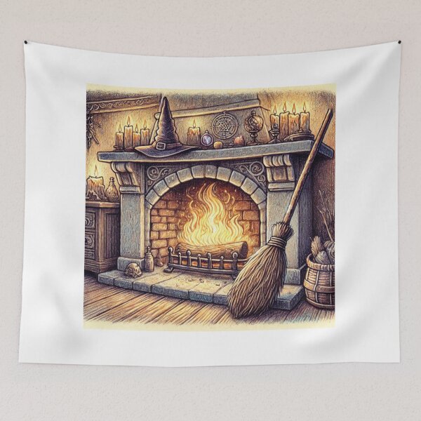 Item preview, A witch’s broom resting by a fireplace designed and sold by RandomlyNamed.