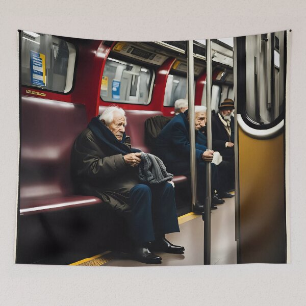 Item preview, Cold Pensioner trying to keep warm on an underground train designed and sold by Colin Bentham.