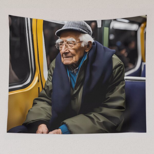 Item preview, Cold Pensioner trying to keep warm on an underground train designed and sold by Colin Bentham.