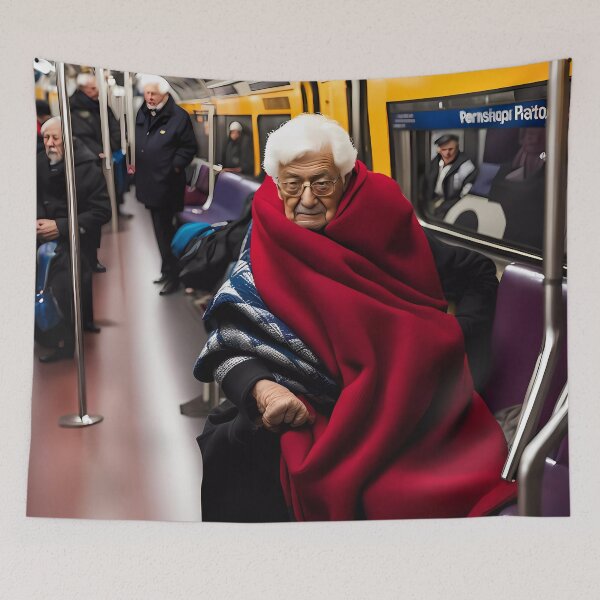 Item preview, Cold Pensioner trying to keep warm on an underground train designed and sold by Colin Bentham.