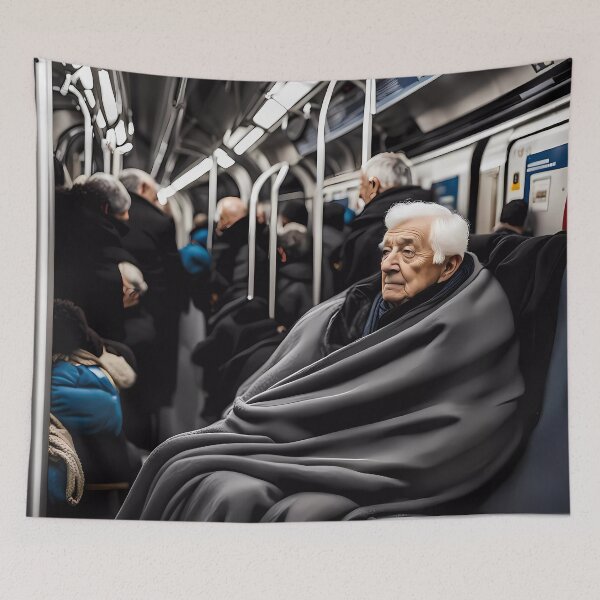 Item preview, Cold Pensioner trying to keep warm on an underground train designed and sold by Colin Bentham.