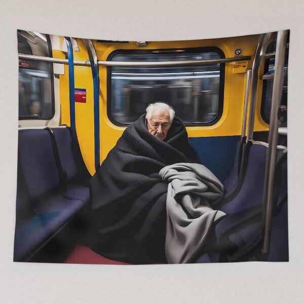 Item preview, Cold Pensioner trying to keep warm on an underground train designed and sold by Colin Bentham.