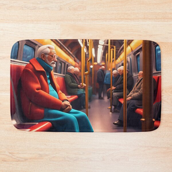 Item preview, Cold Pensioner trying to keep warm on an underground train designed and sold by Colin Bentham.