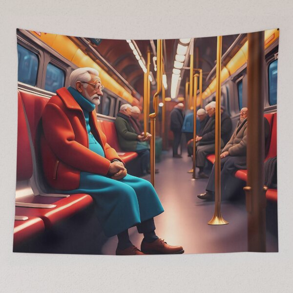 Item preview, Cold Pensioner trying to keep warm on an underground train designed and sold by Colin Bentham.