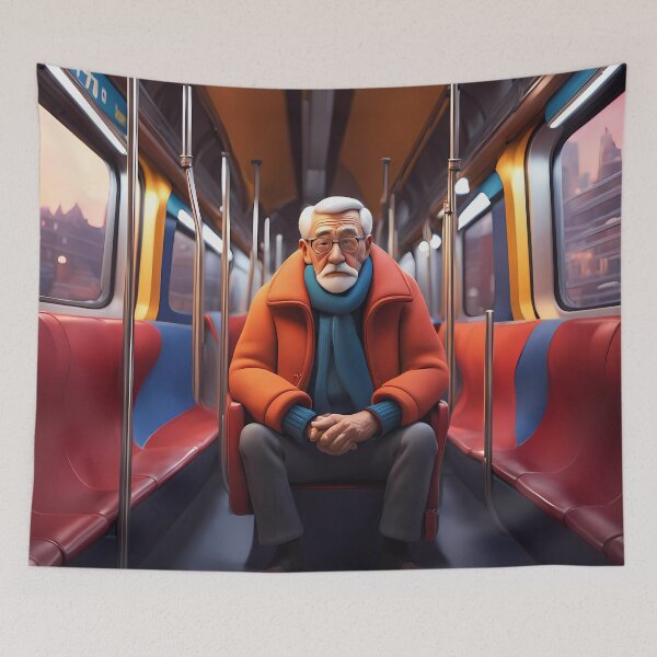 Item preview, Cold Pensioner trying to keep warm on an underground train designed and sold by Colin Bentham.