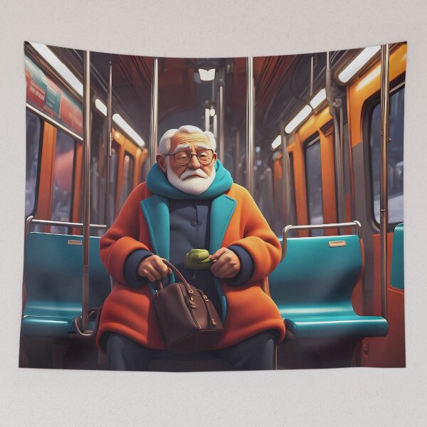 Item preview, Cold Pensioner trying to keep warm on an underground train designed and sold by Colin Bentham.