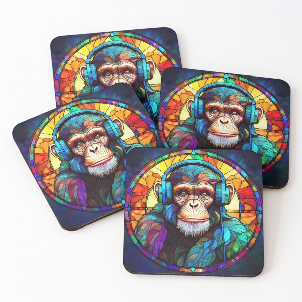 Item preview, Stained Glass Chimpanzee in Headphones designed and sold by Boxing Kangaroo Retail Company.