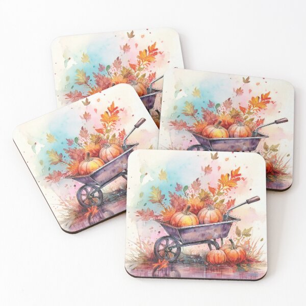 Item preview, Pumpkins in wheelbarrow in fall leaves, autumn decor,  Autumn leaves,  fall season, fall decor posters, fall decorations, watercolor orange pumpkins  designed and sold by navitalidesign.