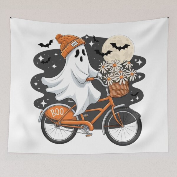 Item preview, Cute ghost riding a bike on Halloween designed and sold by luna--design.
