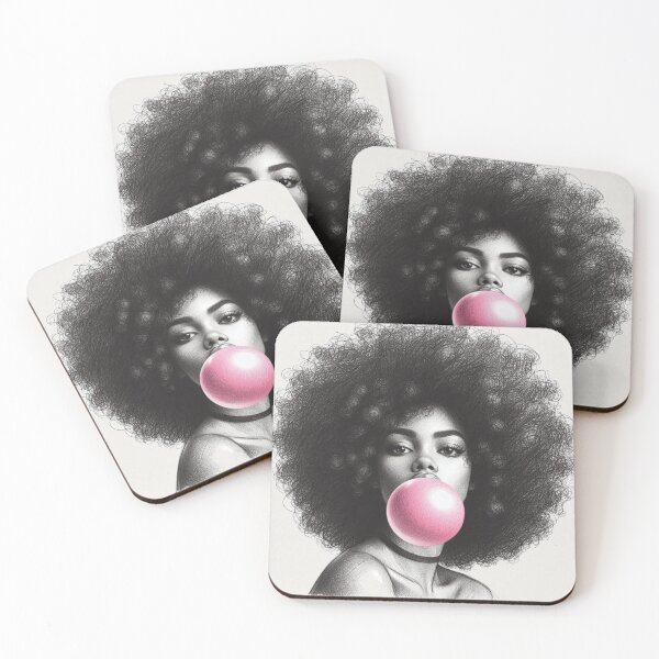 Item preview, Mulher negra, cabelo afro em preto e branco fazendo uma bola rosa com a goma de mascar designed and sold by GirlaineSQ.