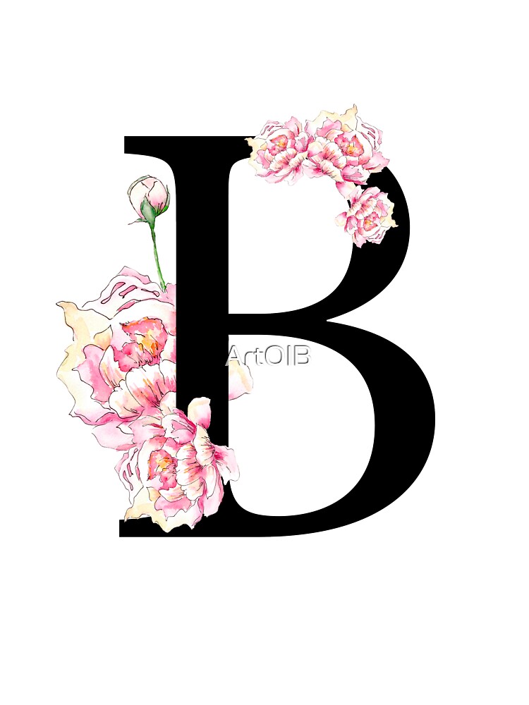 Floral alphabet, letter B with watercolor navy blue flowers and