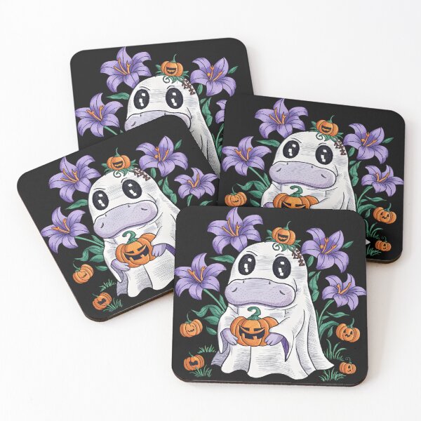 Item preview, Cute Halloween Hippo Ghost with Pumpkins and Purple Flowers - Spooky Fun Art designed and sold by RINRADA KHANMOREE.
