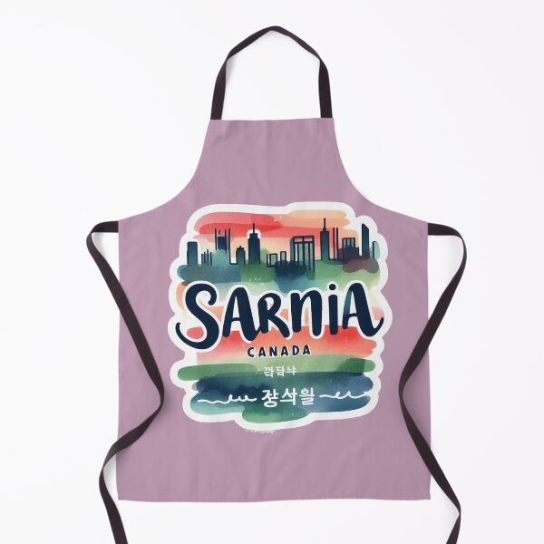 Aperçu de l'œuvre Skyline minimaliste de Sarnia Canada à l'aquarelle avec fond rétro, créée et vendue par PaintMeWorld.