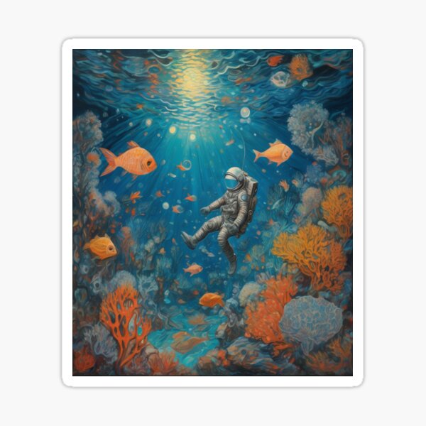 Artikel-Vorschau von „Ein Astronaut schwimmt zwischen fluoreszierenden Korallen und Kristallfischen“, designt und verkauft von Artisticanvas.