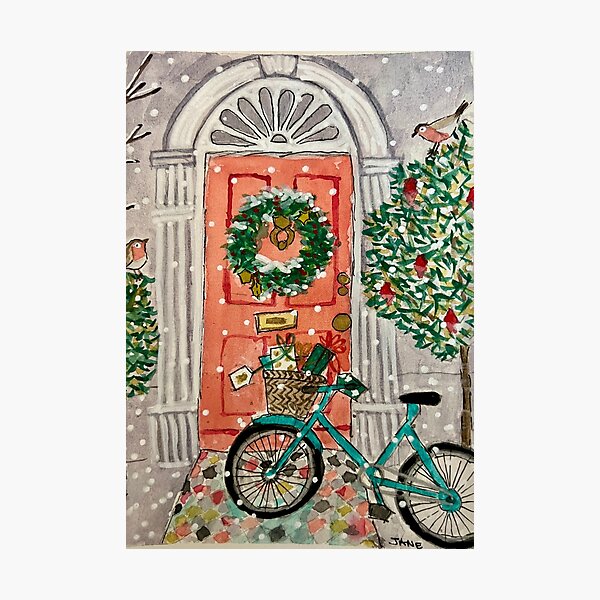 Christmas Door with Blue Bike by Jane SissEsnacks 2024 Photographic Print