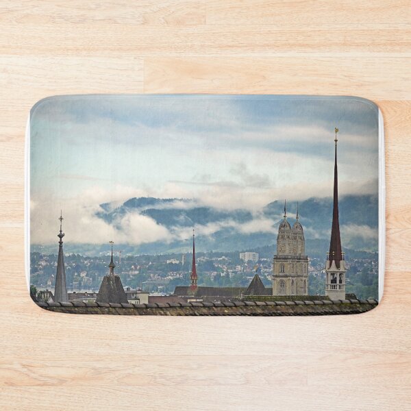 Item preview, Grossmunster church towers in Zurich skyline, cloudy morning designed and sold by goceris.