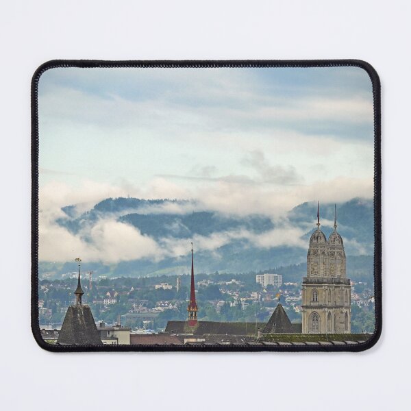 Item preview, Grossmunster church towers in Zurich skyline, cloudy morning designed and sold by goceris.