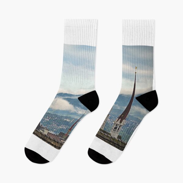 Item preview, Grossmunster church towers in Zurich skyline, cloudy morning designed and sold by goceris.