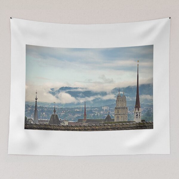 Item preview, Grossmunster church towers in Zurich skyline, cloudy morning designed and sold by goceris.