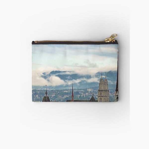 Item preview, Grossmunster church towers in Zurich skyline, cloudy morning designed and sold by goceris.