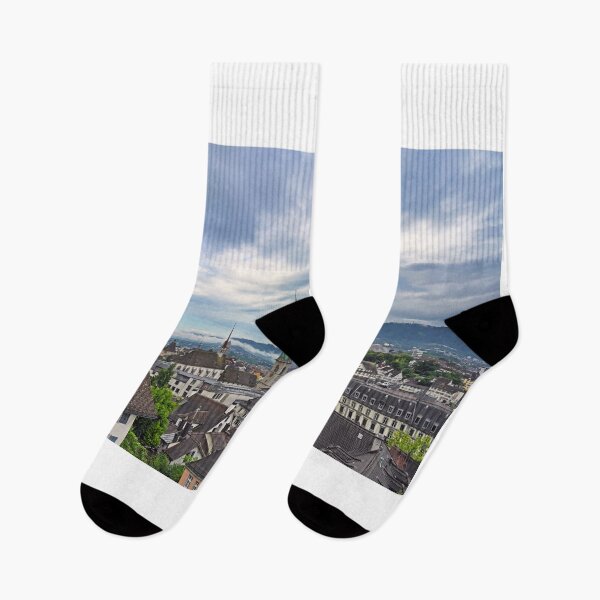 Item preview, Church clock towers and buildings in old town Zurich skyline, cloudy morning designed and sold by goceris.