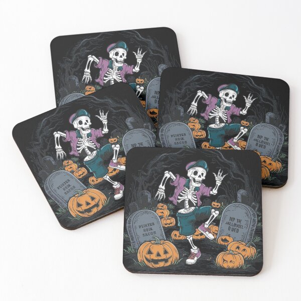 Item preview, Halloween party skeleton dancing between graves and pumpkins on the cementary designed and sold by KrissGraphShop.