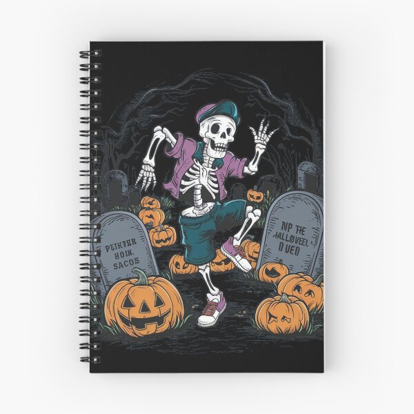 Item preview, Halloween party skeleton dancing between graves and pumpkins on the cementary designed and sold by KrissGraphShop.